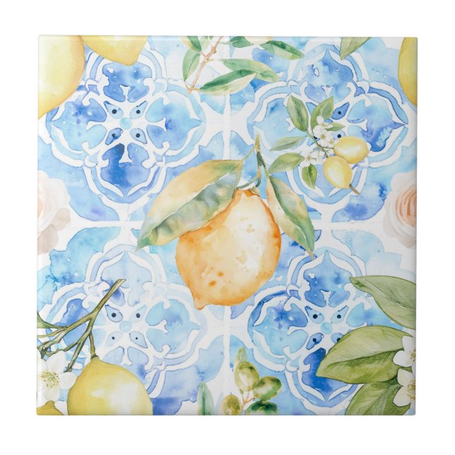 Mediterranean Blue Tile Yellow Lemon Watercolor Fliese (Vorderseite)