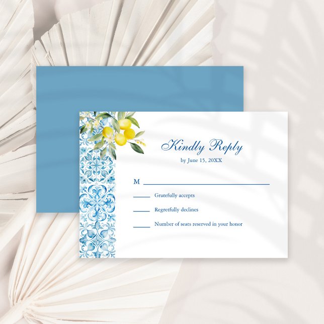 Mediterranean Blue Tiles & Lemon Wedding RSVP Card Dankeskarte (Mediterranean Blue Tiles & Lemon Wedding RSVP Card on a sunny white dry palm leaf.)