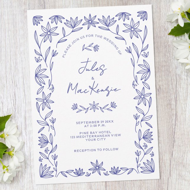 Mediterranean Blue Wildflower QR Code Wedding Einladung (Mediterranean floral blue and white QR code wedding invitaiton)