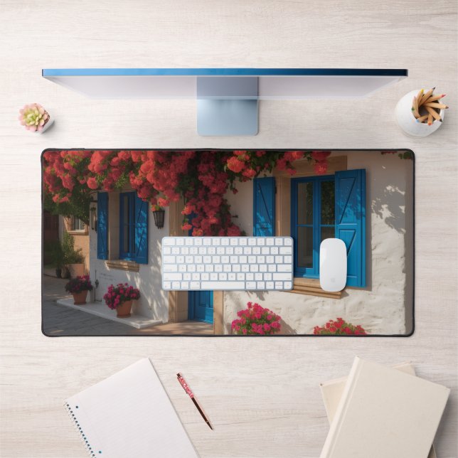 Mediterranean Blue Window Floral House Desk Mat Schreibtischunterlage (Büro 1)