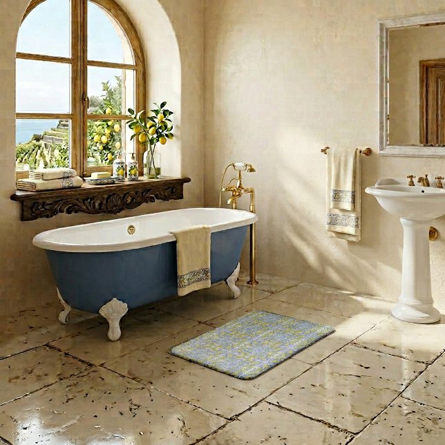 Mediterranean Blue & Yellow Lemon Tile Pattern Badematte (Mediterranean Blue & Yellow Lemon Tile Pattern Bath Mat)