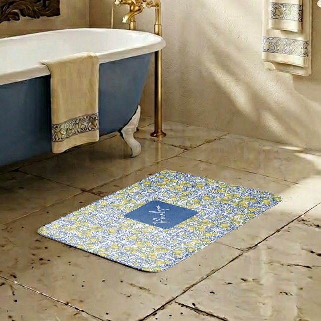 Mediterranean Blue & Yellow Lemon Tile Pattern Badematte (Mediterranean Blue & Yellow Lemon Tile Pattern Bath Mat)