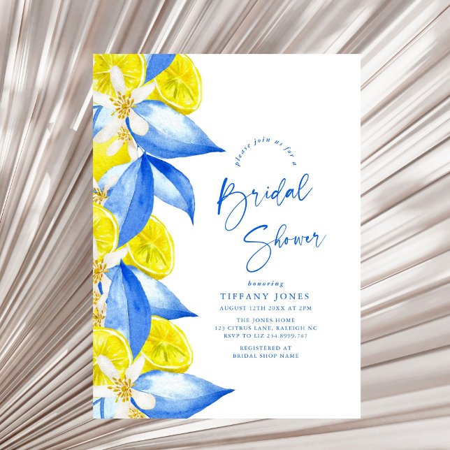 Mediterranean Blue Yellow Lemons Bridal Shower Einladung (Von Creator hochgeladen)