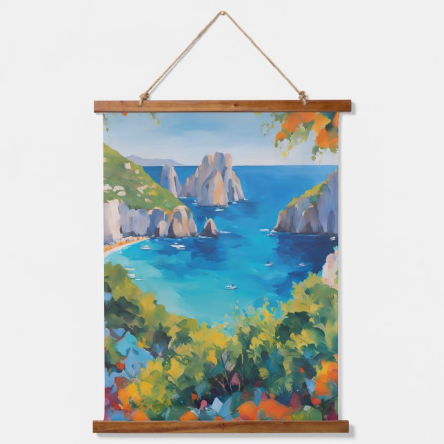 Mediterranean Coast Seascape Italy Floral Art Wandteppich Mit Holzrahmen (Vorderseite)