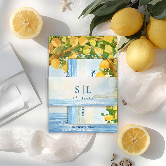 Mediterranean Coastal Monogram Wedding Einladungsbanderole (Mediterranean Coastal Monogram Wedding Invitation Belly Band)