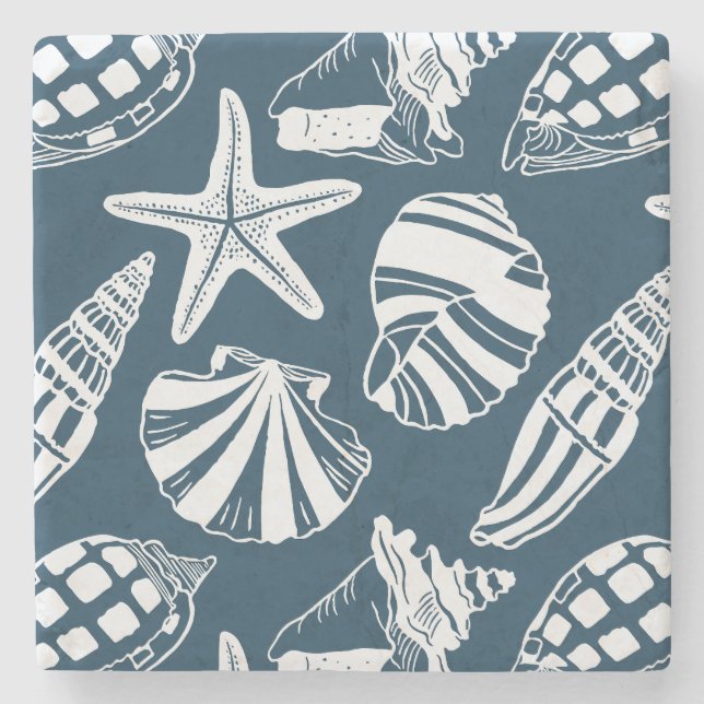 Mediterranean Coastal Seashell Toile Aegean Blue Steinuntersetzer (Vorderseite)