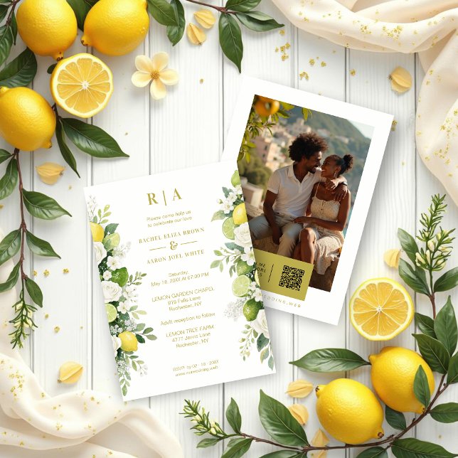 Mediterranean Fresh Lime Lemons & Flowers Garlands Einladung (Mediterranean Fresh Lime Lemons and Flowers Garlands Wedding Invitations Cards with Back Photo.)