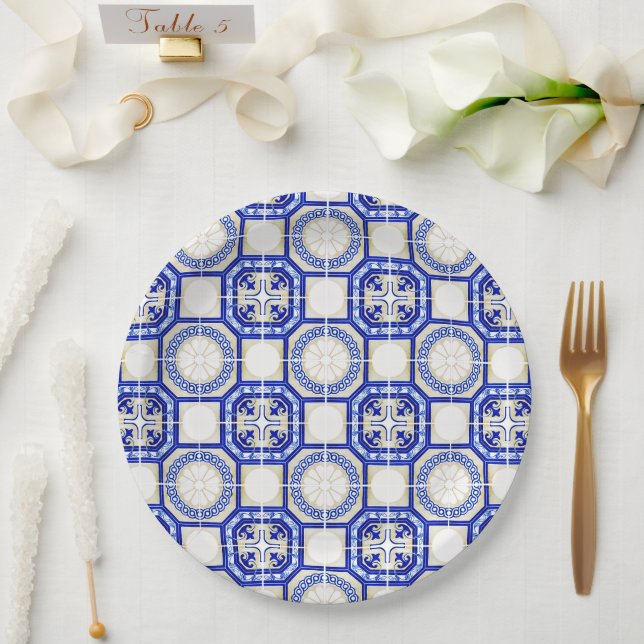 Mediterranean Italy Blue Tiles Bridal Shower  Pappteller (Hochzeit)