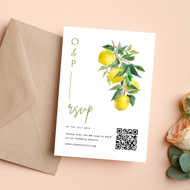 Mediterranean Italy Lemon Vibrant Wedding QR Code RSVP Karte (Von Creator hochgeladen)
