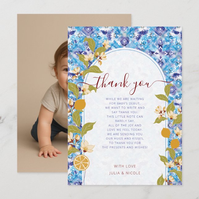 Mediterranean Lemon Amalfi Coast Baby Shower Photo Einladung (Vorne/Hinten)