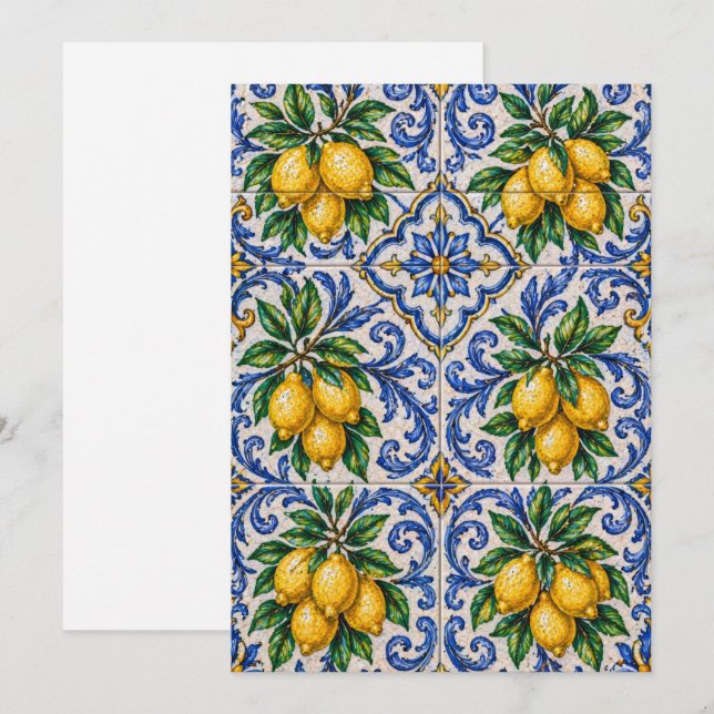 Mediterranean Lemon Azulejo Tile Einladung (Vorne/Hinten)