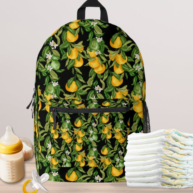 Mediterranean Lemon Baby Essentials Bedruckter Rucksack (Chic Baby Gear Backpack with lemons pattern on black)