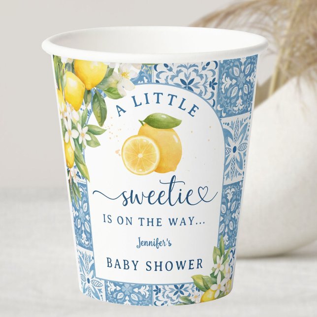 Mediterranean Lemon Baby Shower Blue Tiles Pappbecher (Von Creator hochgeladen)