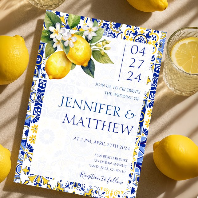Mediterranean Lemon Blue Tiles Italian Wedding Einladung (Mediterranean Lemon Blue Tiles Italian Wedding Invitation)
