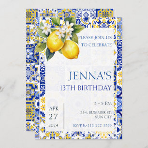 Mediterranean Lemon Blue Tiles Italienisch Geburts Einladung