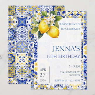 Mediterranean Lemon Blue Tiles Italienisch Geburts Einladung