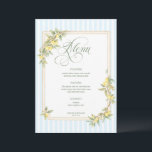 Mediterranean Lemon Coastal Stripe Wedding Menükarte<br><div class="desc">Elevate your place settings with this elegant lemon-themed wedding menu, designed to coordinate beautifully with your citrus-inspired suite. Featuring soft blue-and-white stripes, a delicate watercolor lemon-and-greenery border, and graceful script typography, this menu brings a fresh Mediterranean charm to each table while showcasing your meal in refined style. Perfect for coastal,...</div>