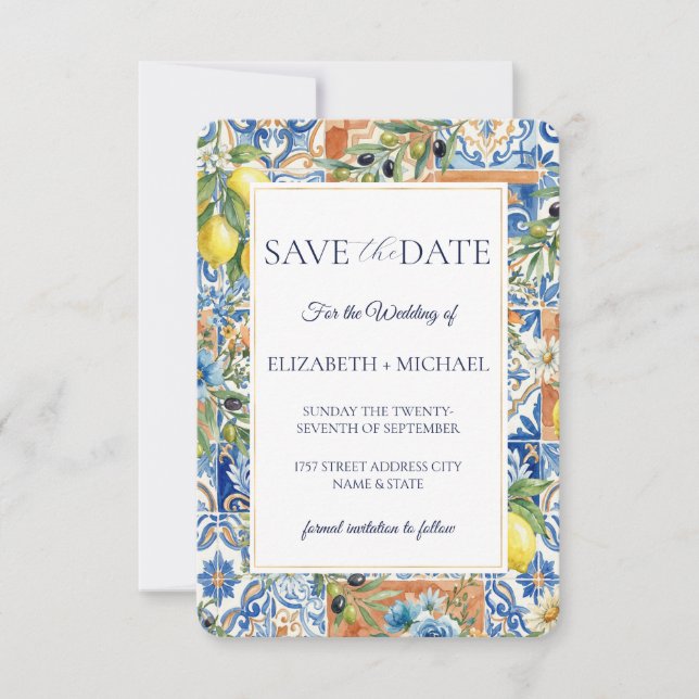 Mediterranean Lemon Tile Blue Floral Citrus Save The Date (Vorderseite)