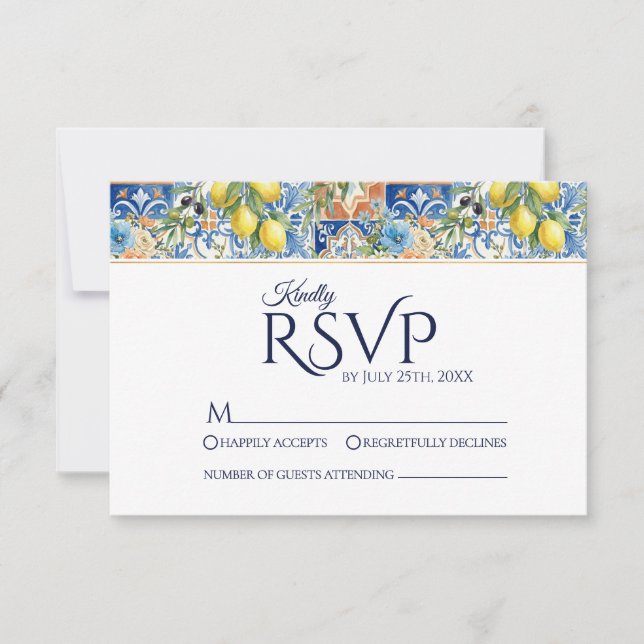 Mediterranean Lemon Tile Blue Wedding RSVP Cards Karte (Vorderseite)