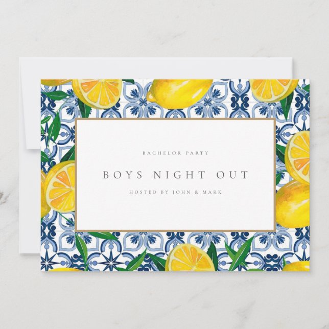 Mediterranean Lemon Tiles Bachelor Party Card Einladung (Vorderseite)