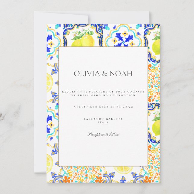 Mediterranean Lemon Tiles Wedding Einladung (Vorderseite)
