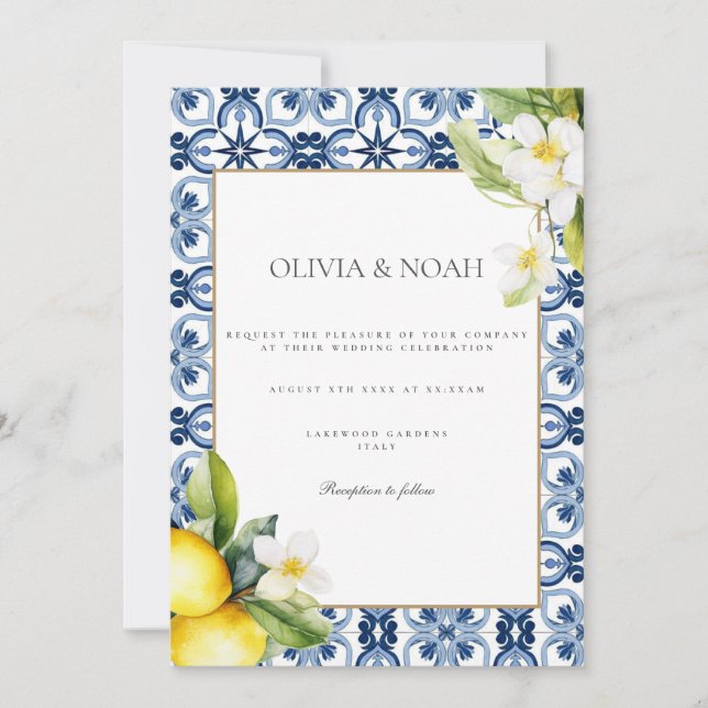 Mediterranean Lemon Tiles Wedding Einladung (Vorderseite)