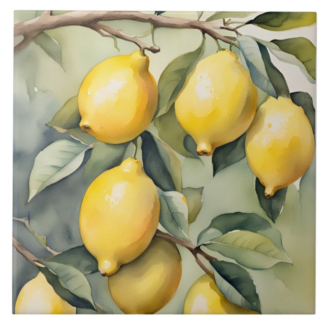 Mediterranean Lemon Tuscany Watercolor Design Fliese (Vorderseite)