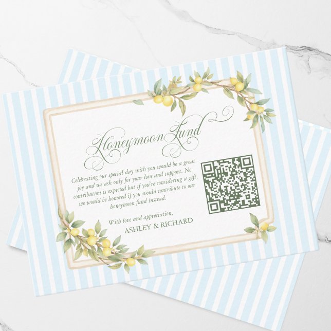 Mediterranean Lemon Wedding Honeymoon Fund QR Code Begleitkarte (elegant coastal mediterranean lemon honeymoon fund QR code wedding invitation enclosure cards)