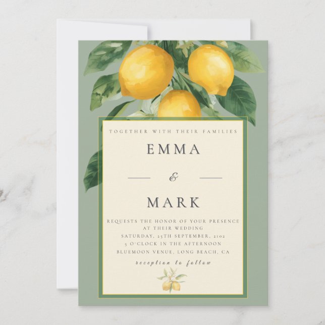 Mediterranean Lemon with QR Code | Soft Sage Green Einladung (Vorderseite)