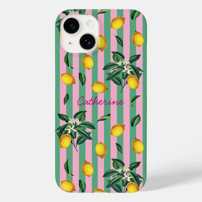 Mediterranean Lemons Pink Green Stripes Name Case-Mate iPhone Hülle (Rückseite)