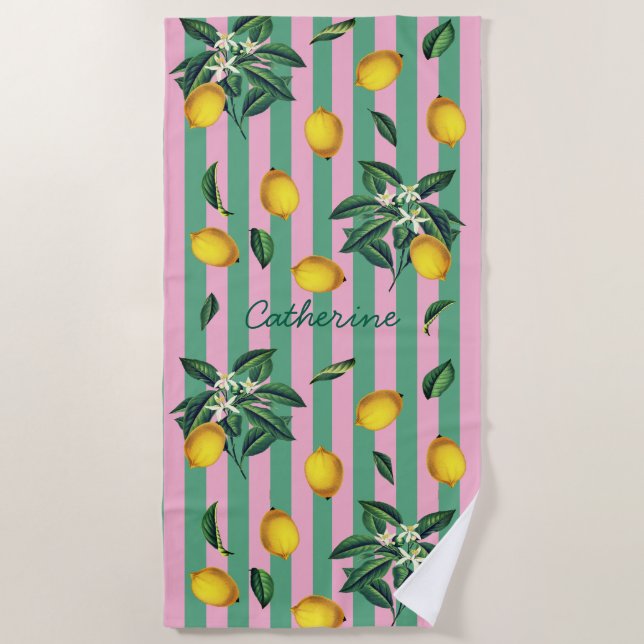 Mediterranean Lemons Pink Green Stripes Name Strandtuch (Vorderseite)