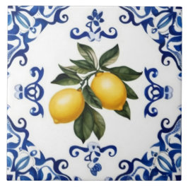 Mediterranean Lemons with Blue and White Border Fliese