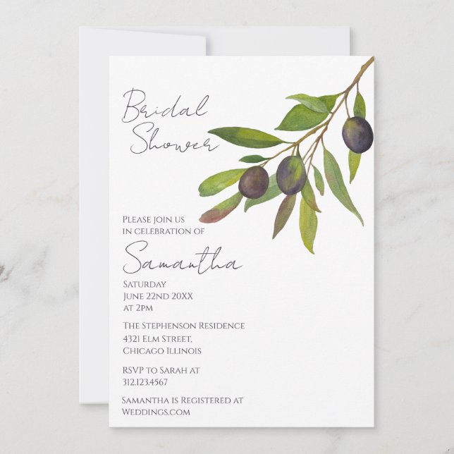 Mediterranean Minimal Olive Branch Bridal Shower   Einladung (Vorderseite)