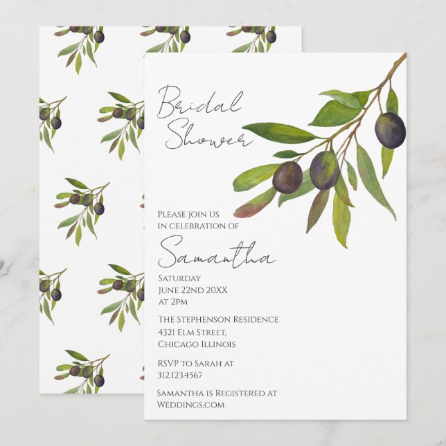 Mediterranean Minimal Olive Branch Bridal Shower   Einladung (Vorne/Hinten)