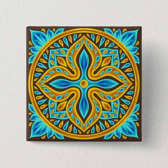 Mediterranean Moroccan Tile Pattern Blue and Gold Button (Vorderseite)