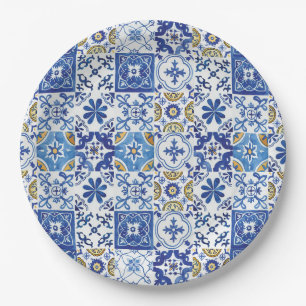 Mediterranean Mosaic Tiles Blue Birthday Party Pappteller