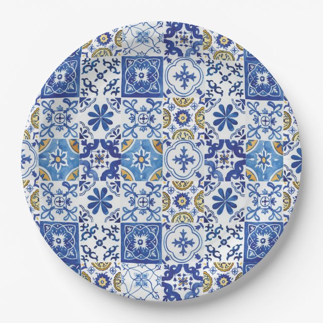 Mediterranean Mosaic Tiles Blue Birthday Party Pappteller (Vorderseite)