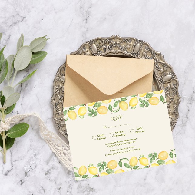 Mediterranean Olive Lemon Modern Wedding RSVP Karte (Von Creator hochgeladen)
