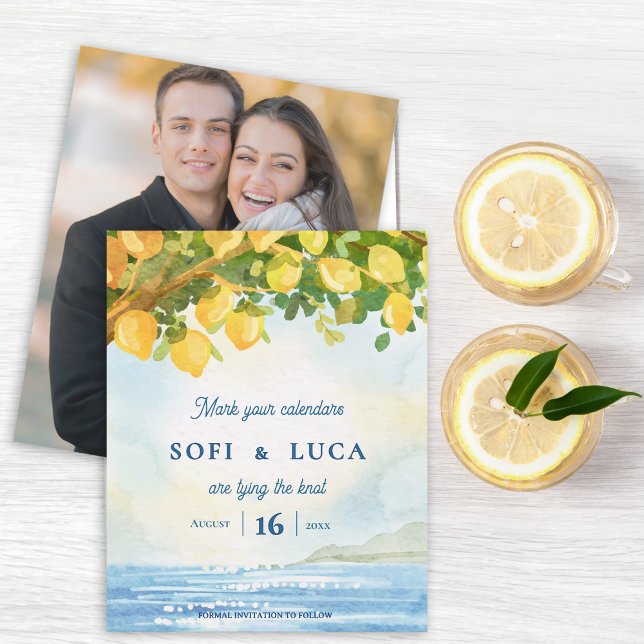 Mediterranean Photo Coastal Wedding Save the Date (Mediterranean Lemon Grove Watercolor Photo Wedding Save the Date | Coastal Destination Wedding )