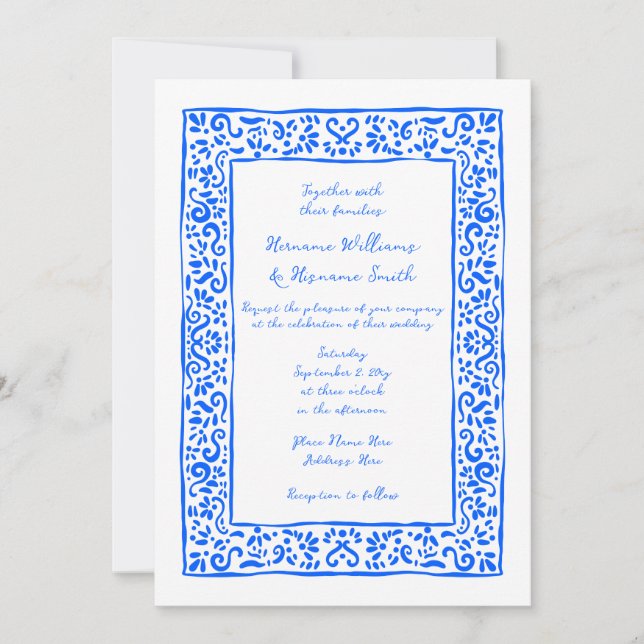 Mediterranean RSVP QR Hand Drawn Blue Wedding Einladung (Vorderseite)