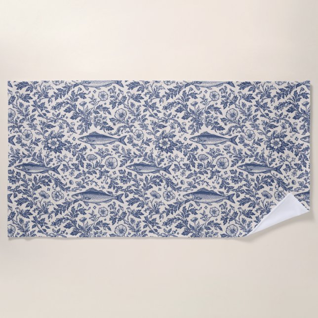 Mediterranean Sardine Chinoiserie Beach Towel | Bl Strandtuch (Vorderseite)