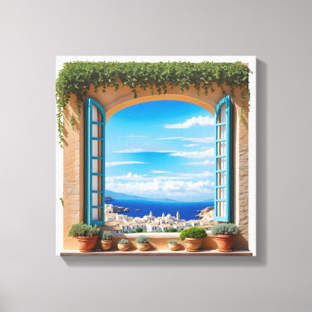 Mediterranean Sea View Window | Aegean Island Town Leinwanddruck (Vorderseite)