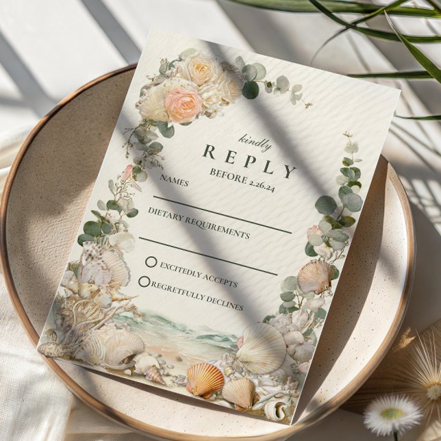 Mediterranean Seashell Botanical Wedding RSVP Karte (Von Creator hochgeladen)