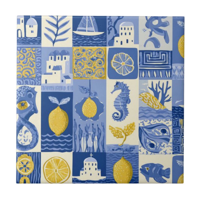 Mediterranean Tile Lemon Coastal Pattern Fliese (Vorderseite)