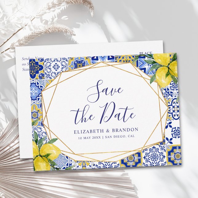Mediterranean Tile Wedding with Lemons Postkarte (Von Creator hochgeladen)