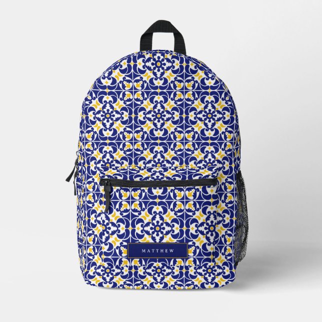 Mediterranean Tiles Blue & Yellow Pattern Bedruckter Rucksack (Vorderseite)