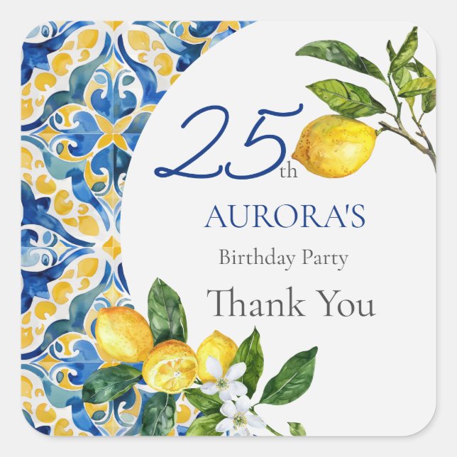 Mediterranean Tiles Lemon 25. Geburtstag Quadratischer Aufkleber (Vorderseite)