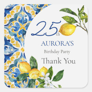 Mediterranean Tiles Lemon 25. Geburtstag Quadratischer Aufkleber