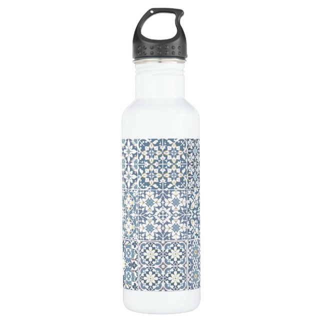 Mediterranean Tiles, Moroccan, Majolica, Azulejo Edelstahlflasche (Vorderseite)