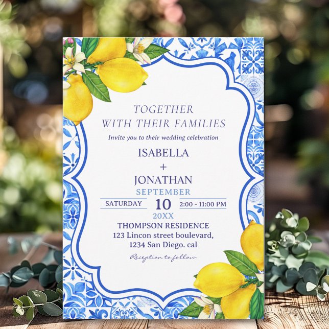 Mediterranean Tiles Summer Wedding with Lemons  Einladung (Von Creator hochgeladen)